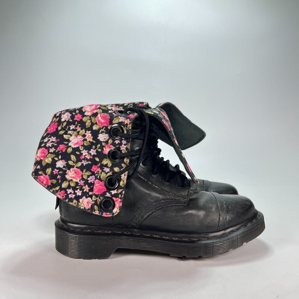 Dr. Martens Triumph 1914 Black Floral Leather Fold Down Tall Boots Womens Size 7